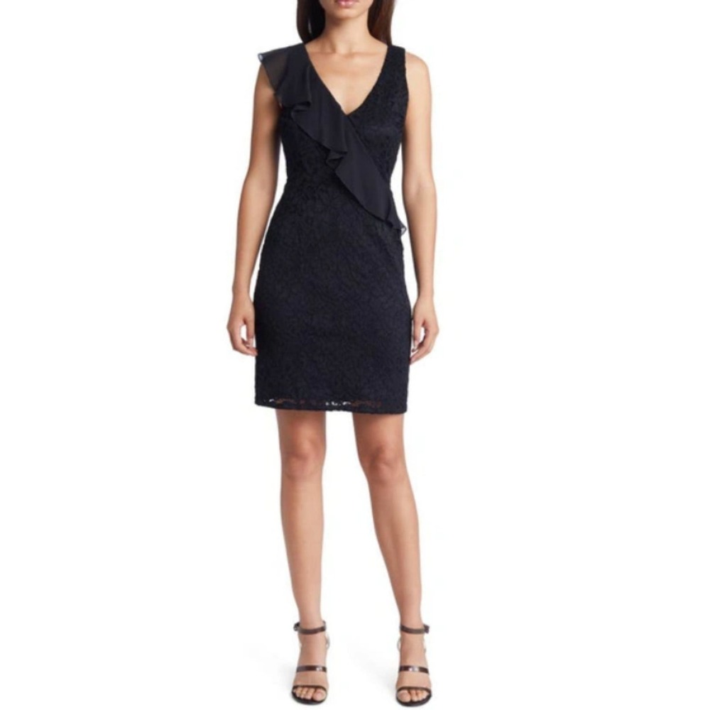 Sam Edelman Lace Sheath Dress Womens 2 Black Ruffle V-Neck Cocktail Party